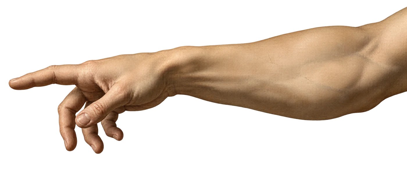 A Renaissance-style hand reaches from the right toward the coin